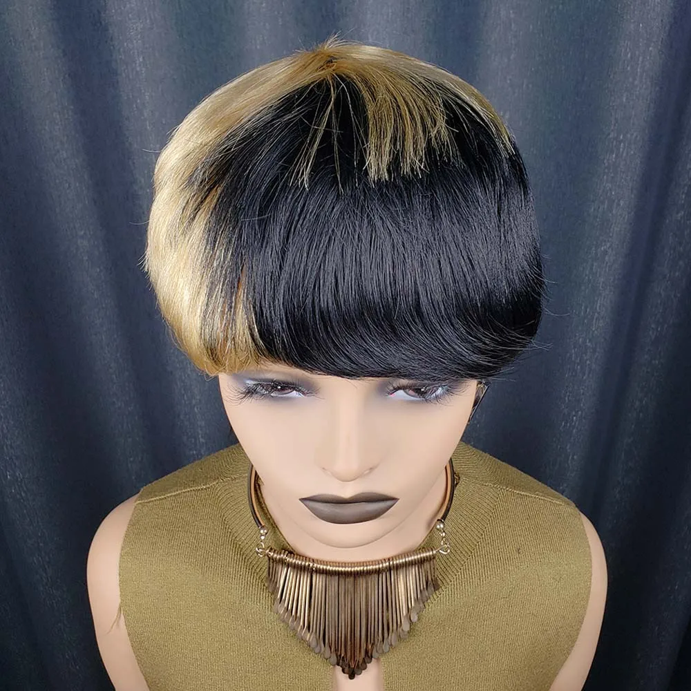 Parrucche per capelli umani con taglio pixie per donna Parrucche ondulate con taglio pixie a strati corti Parrucca brasiliana Remy diritta fatta a macchina Nera con bionda