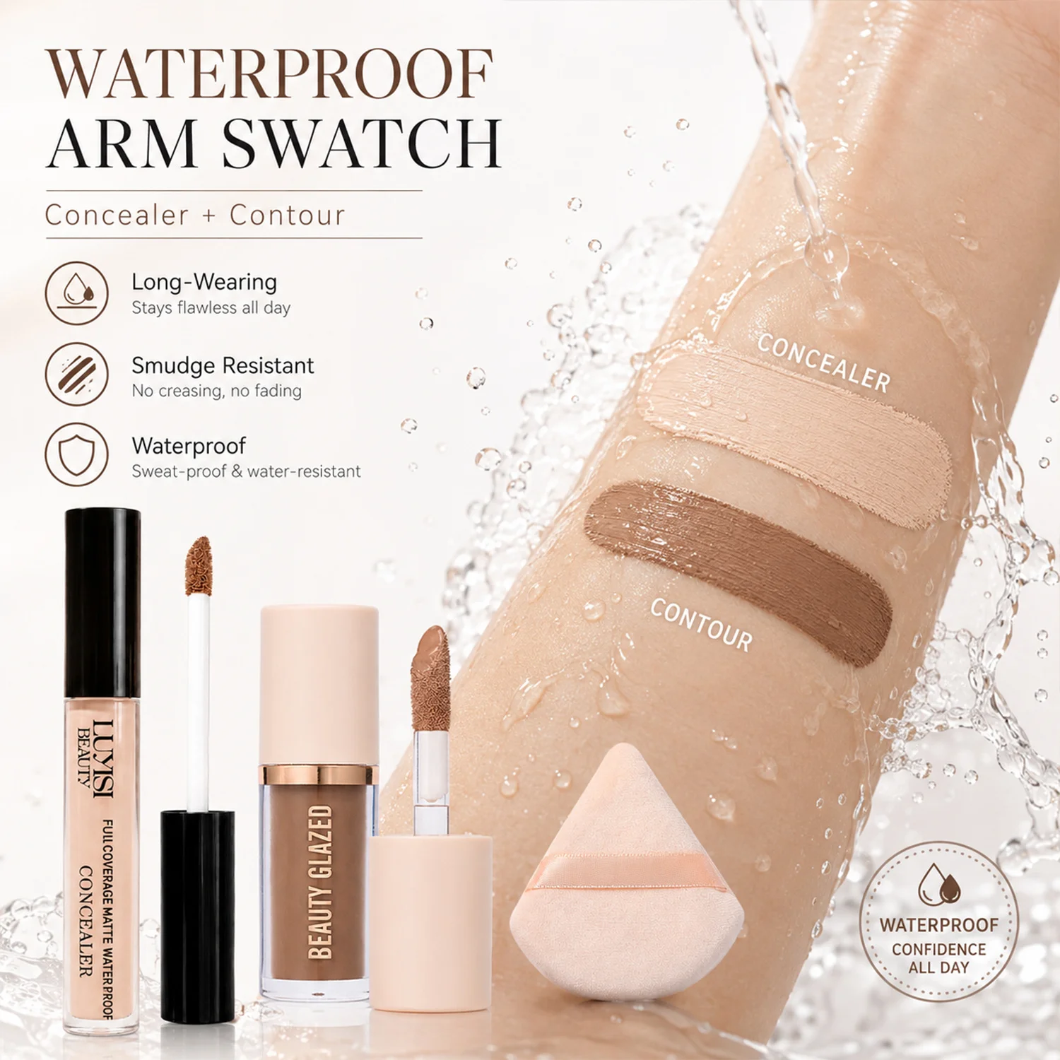 3pcs/Set:Concealer+Contour Powder+Blending Puff.Waterproof, Transfer-Resistant, All-Day Wear - Velvet Matte, Buildable Coverage