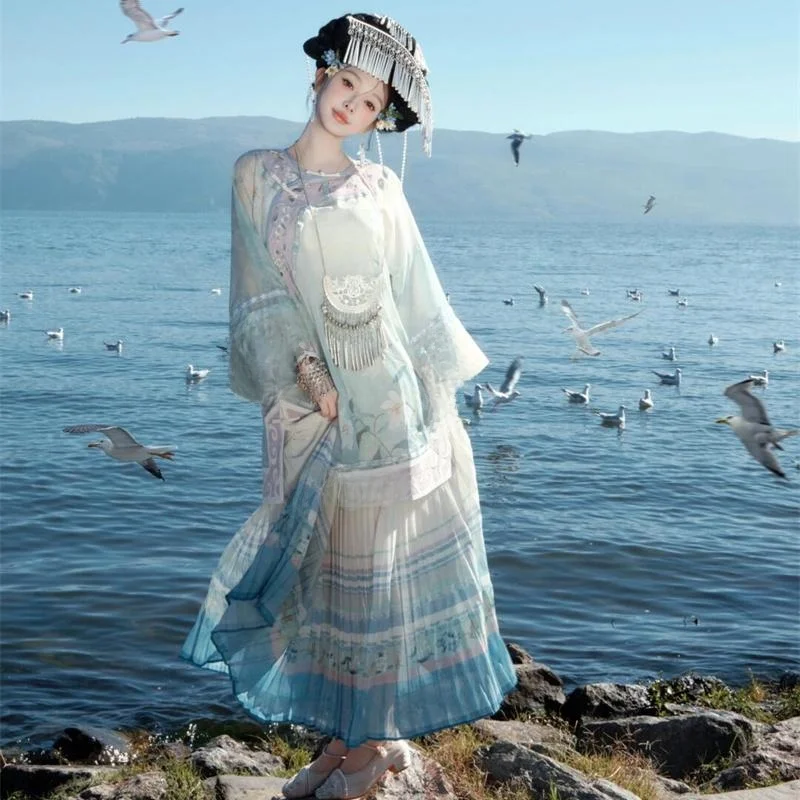 Blue Ethnic Minority Women's Clothing Traditional Costume Photography Studio Travel Shoots Female Models Teenage Girls Fashion