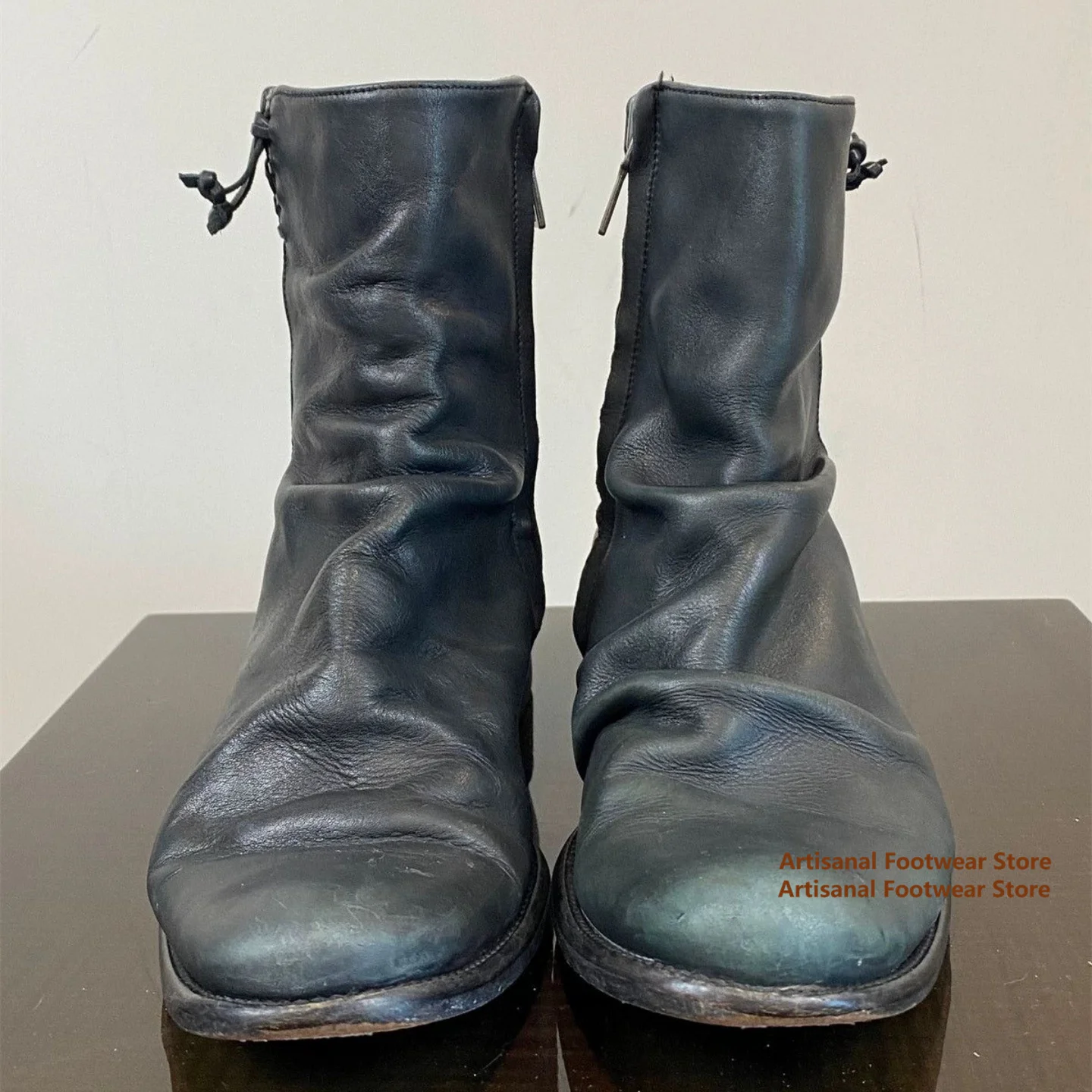 Vintage Wrinkled Soft Leather Ankle Boots Flat Low Block Heel Casual Mid Calf Booties Trendy Handmade Luxury Men's Boots