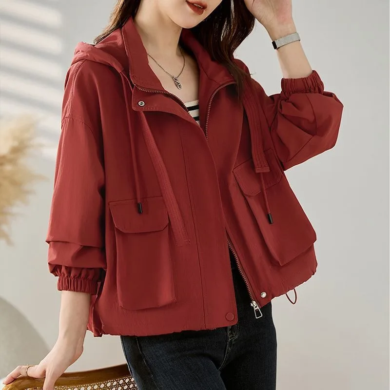 Solid Color Cardigan Windbreaker Jacket Women's Short Fashion Loose Western Style Casual Hooded Top