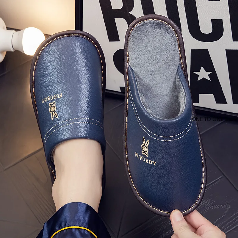 

Hot SALE Leather Couple Cotton Slippers Women's Winter Indoor Warm Home Non-slip Household Mop Home Thick Bottom Pair Men's 2026