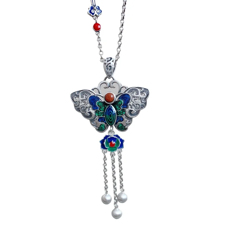 Silver 925 Exquisite Enamel blue-green Butterfly Pendant Tassel Retro Ethnic Style Auspicious Cloud Necklaces Wedding Jewelry