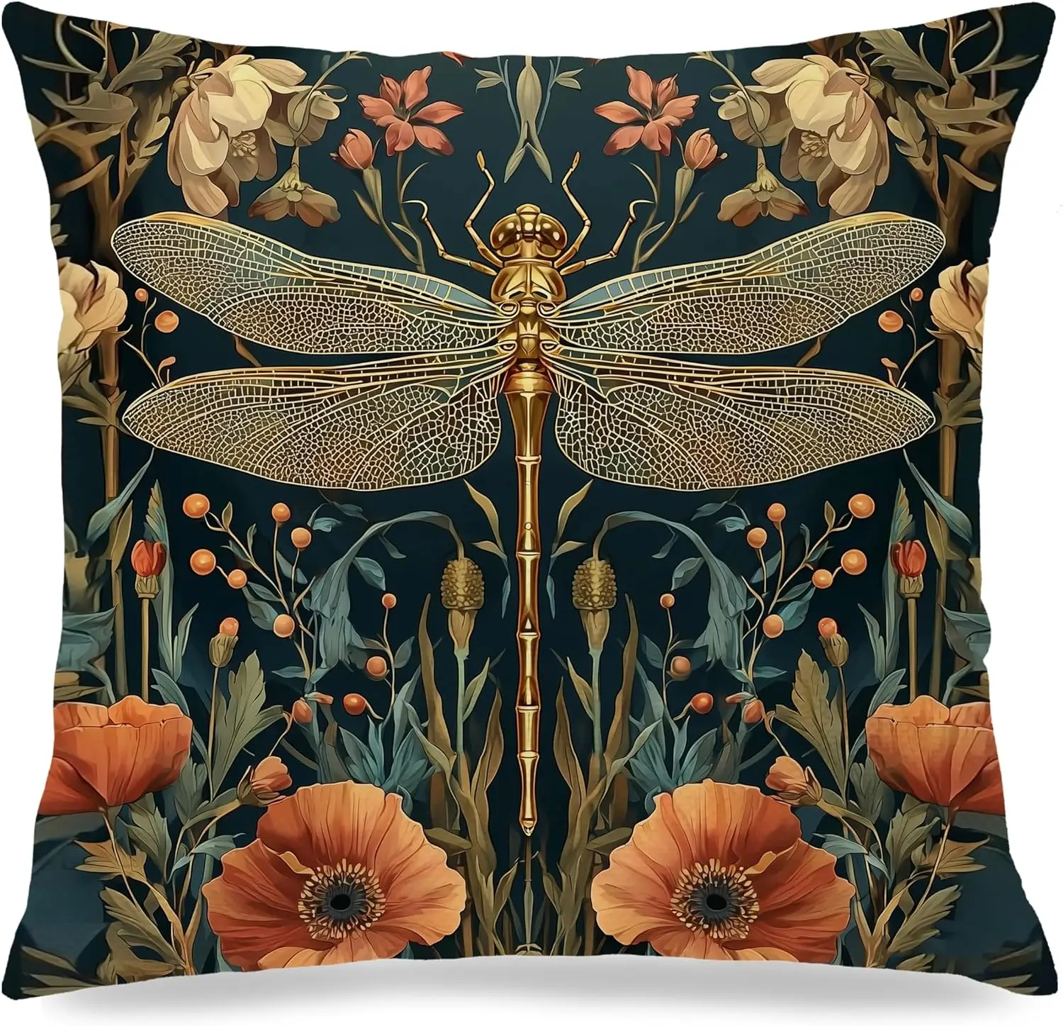Maximalist Dragonfly Floral Botanical Print Pillowcase 18x18 Inch Boho Nature Home Decor autumn decoration