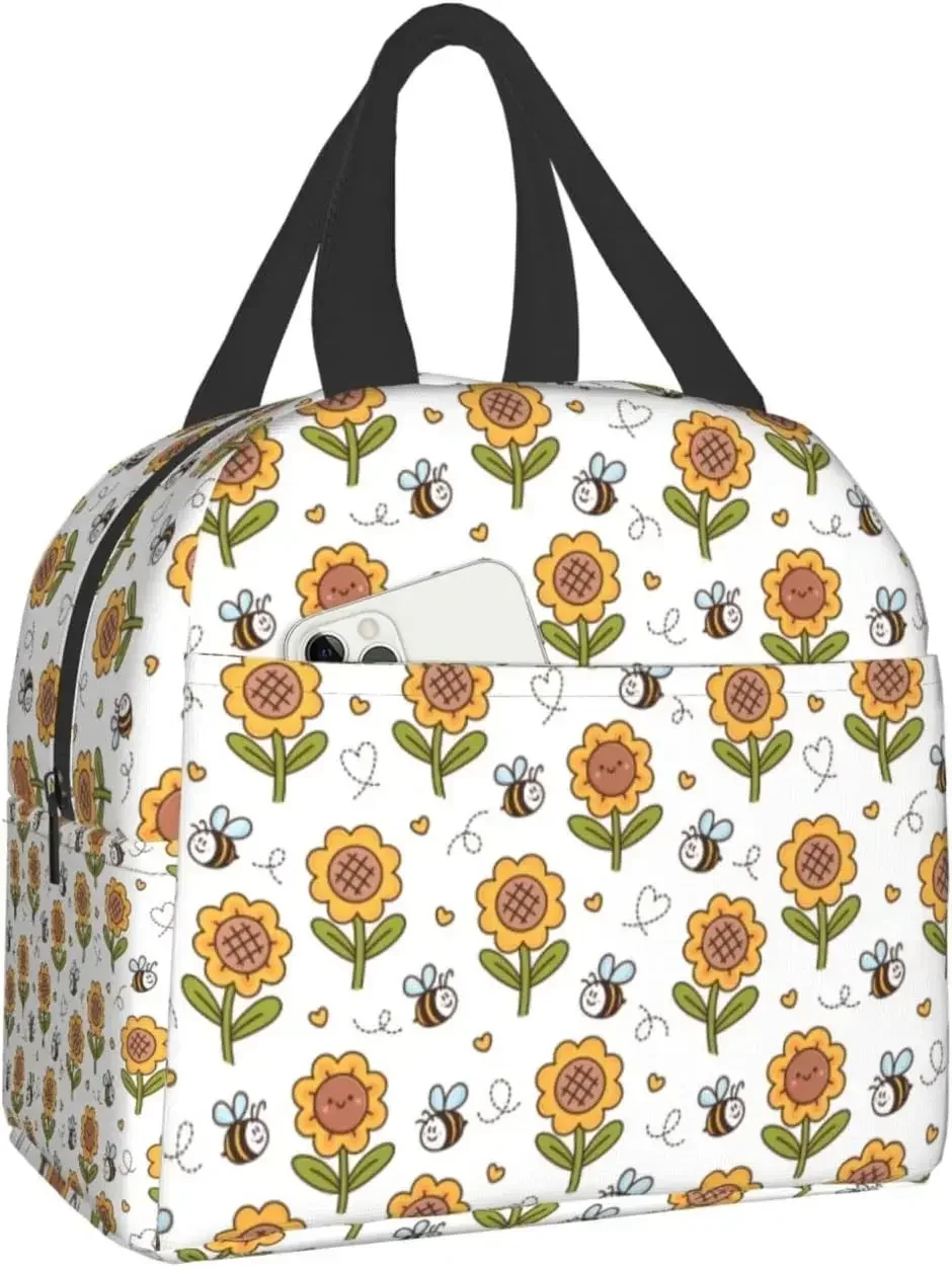 Kawaii Bees Sunflowers Insulated Lunch Box Reusable Waterproof Lunch Bag with Front Pocket Bento for Office Picnic Hiking Beach