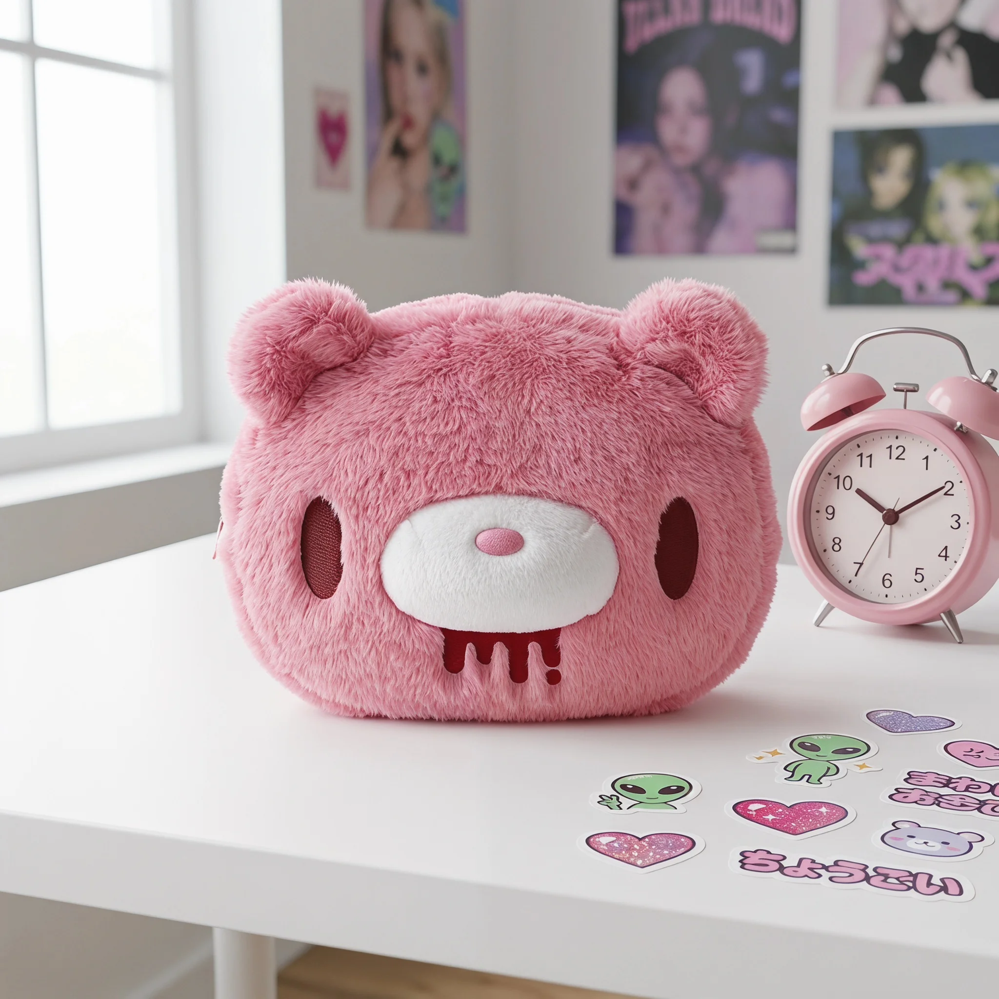

Cute Gloomy Bear Plush Pouch Pink Fluffy Bear Face Coin Purse Kawaii Cartoon Wallet with Zipper for Girls Women