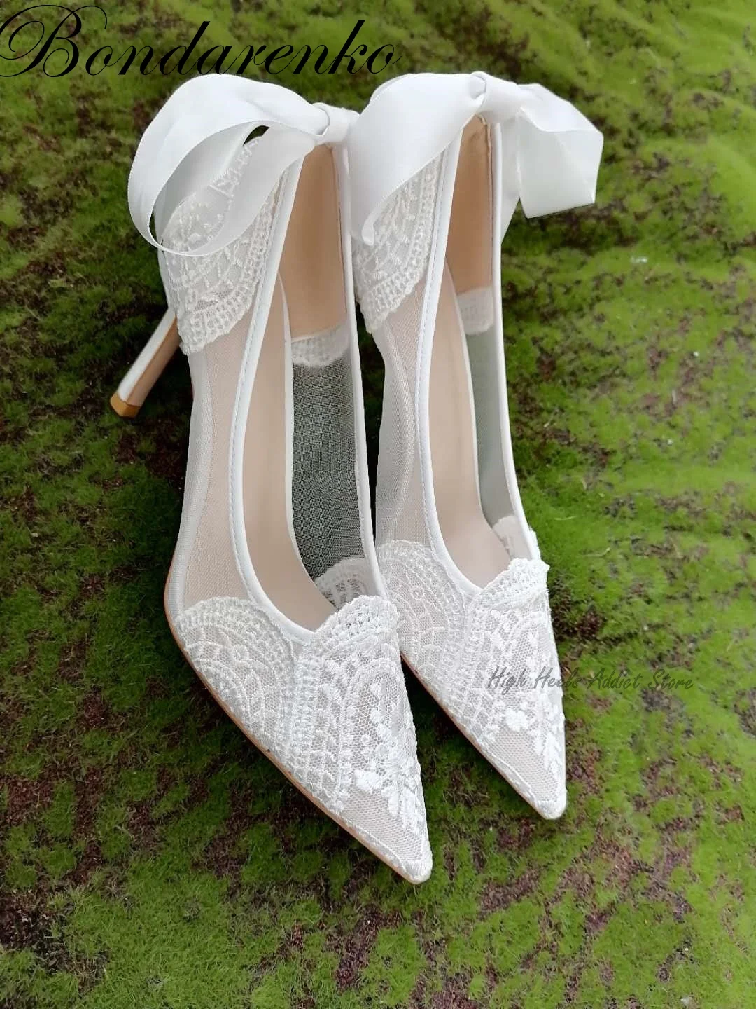 Women White Lace Wedding Shoes Pointy Toe Bridal Satin Bow 8cm High Heels Bow Handmade Elegant Designer Pumps