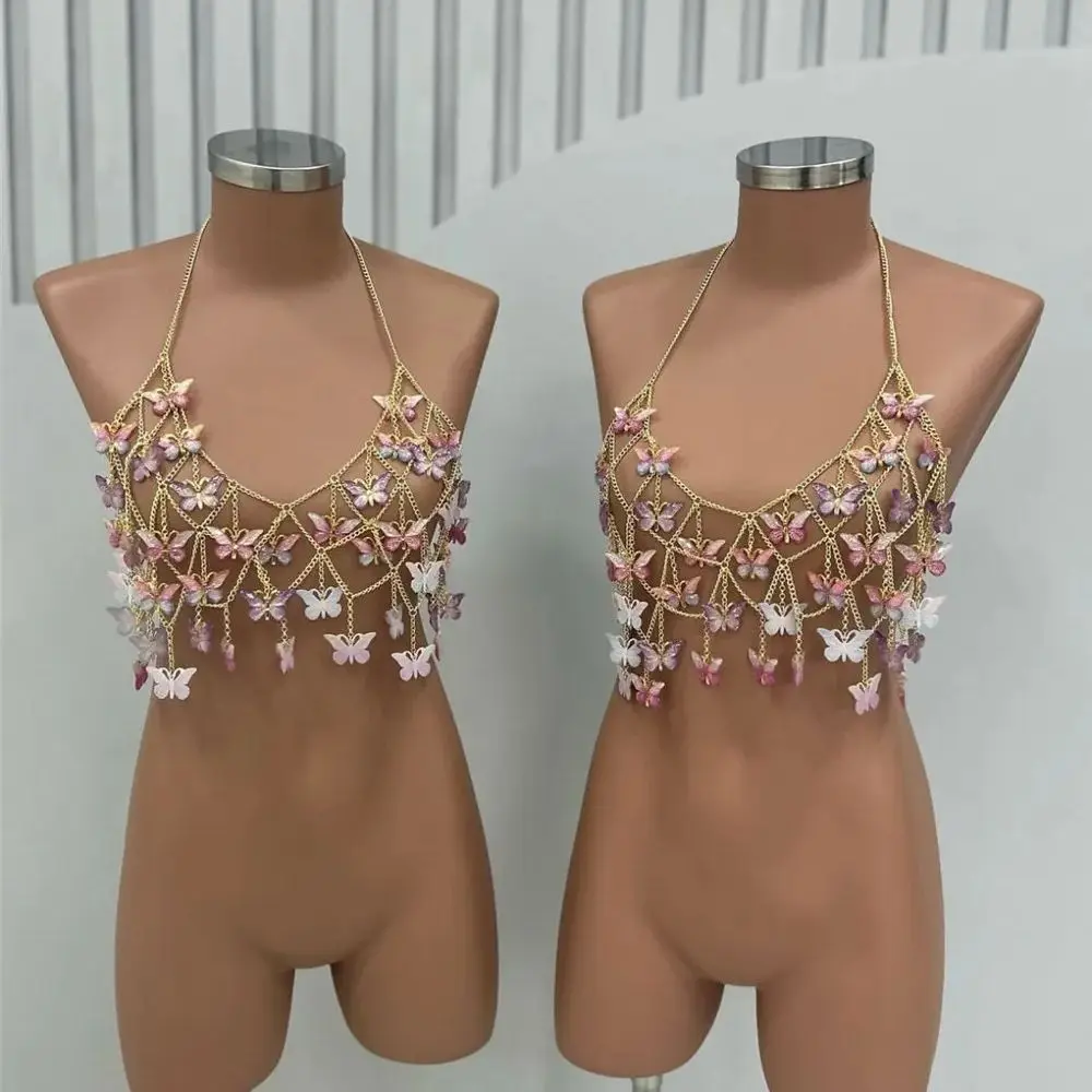 Gilet a catena in metallo con ciondolo a farfalla multicolore per donna Ragazza calda sexy Maglia che dimagrisce Catena sul petto Nicchia Versatile vestito da ragazza calda