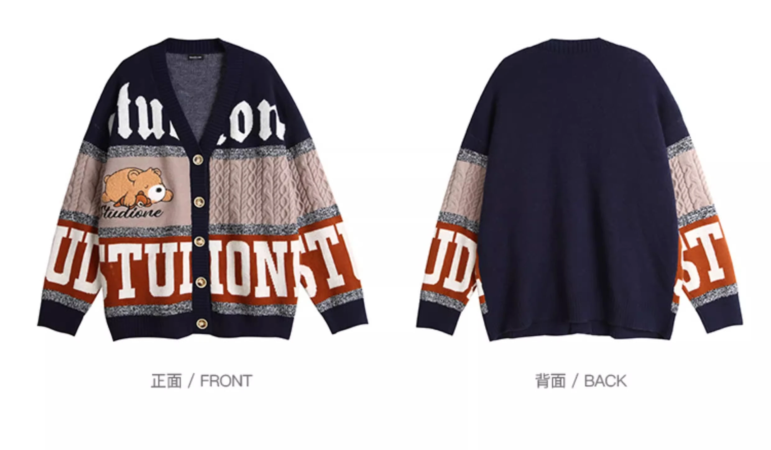 2025 Autumn and Winter New American College Style Men's Cute Bear Letter Embroidery V-Neck Knitted Cardigan Sweater
