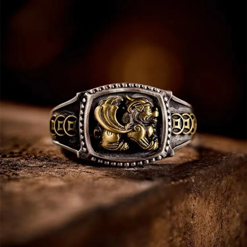 

News925Sterling Silver Good Fortune Pixiu Ring Men's Retro Personality Trendy Ring Does Not Fade