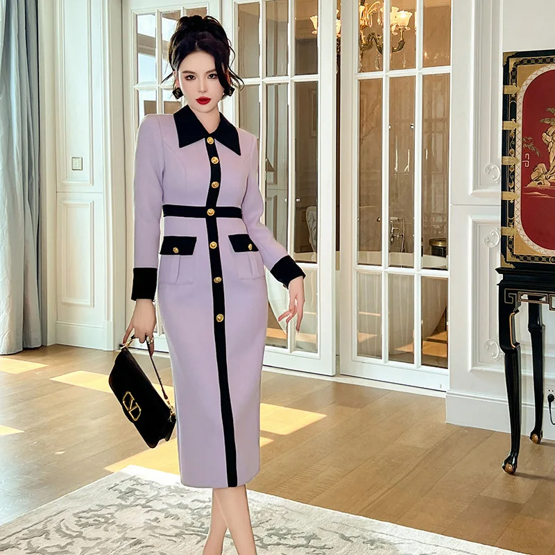 

Fashion Slim Womens Dresses Turn-down Collar Solid A-line High Waist Long Dresses Autumn and Winter New Dresses for Women 2023