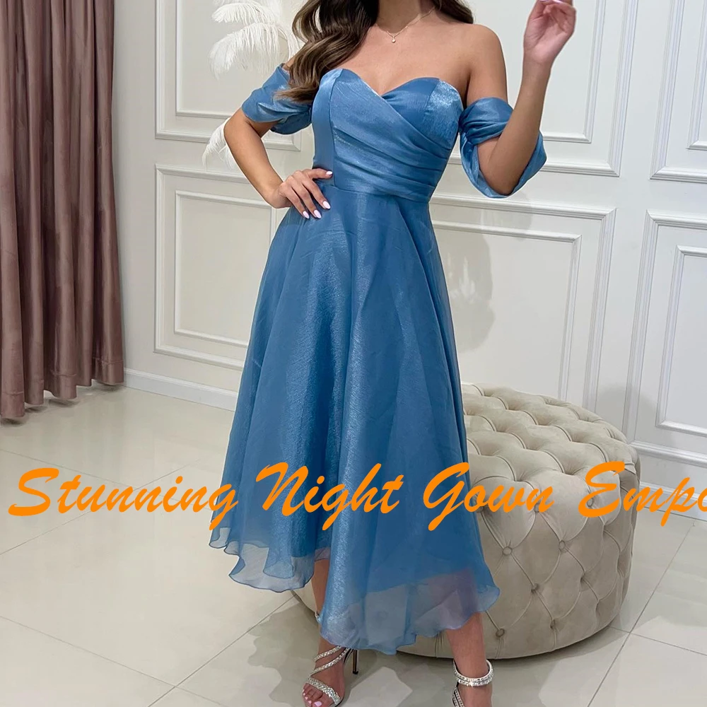 Customized Classic Tea Length Off the Shoulder Evening Dresses Graceful A-Line Sweetheart Blue Party Gowns vestidos de fiesta