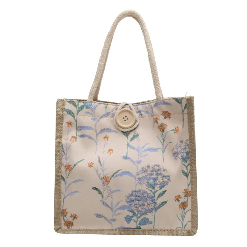 Sac à Main en Coton et Lin pour Femme, Fourre-Tout Portable, Petit Bouton, Pochette en Toile de Jute, Imprimé Floral, Shopping