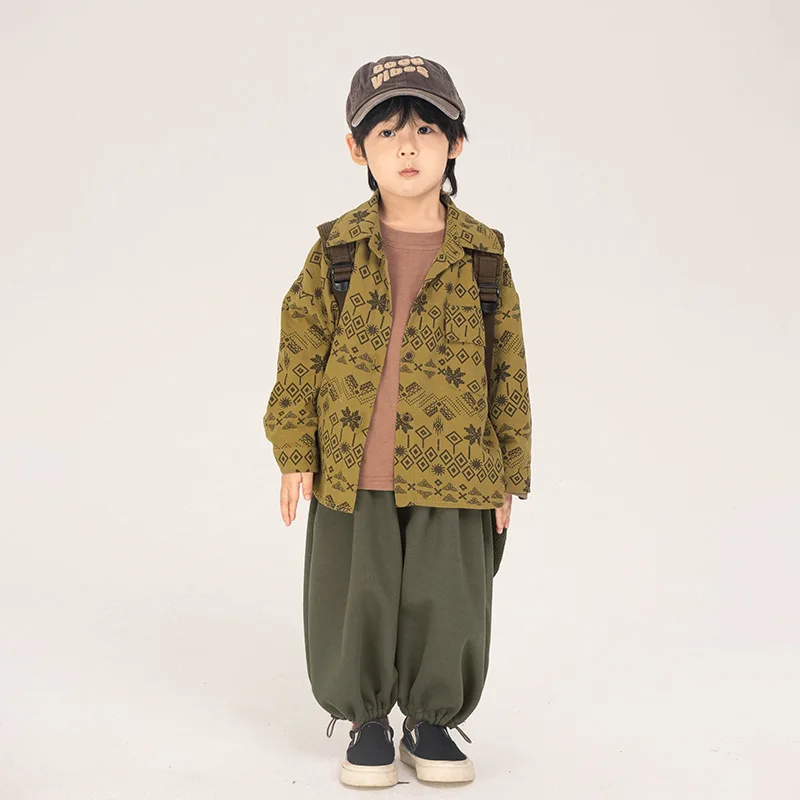 New Autumn Boys\' shirt 2024 Korean style children Retro style long sleeve shirts Kids boy cotton loose casual jacket