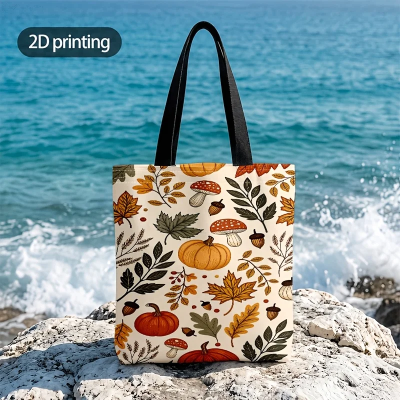 Fall Mushroom Pumpkin Maple Leaf Canvas Tote Bag Autumn Harvest Print Reusable Shopping Shoulder Bag Thanksgiving Casual Handbag