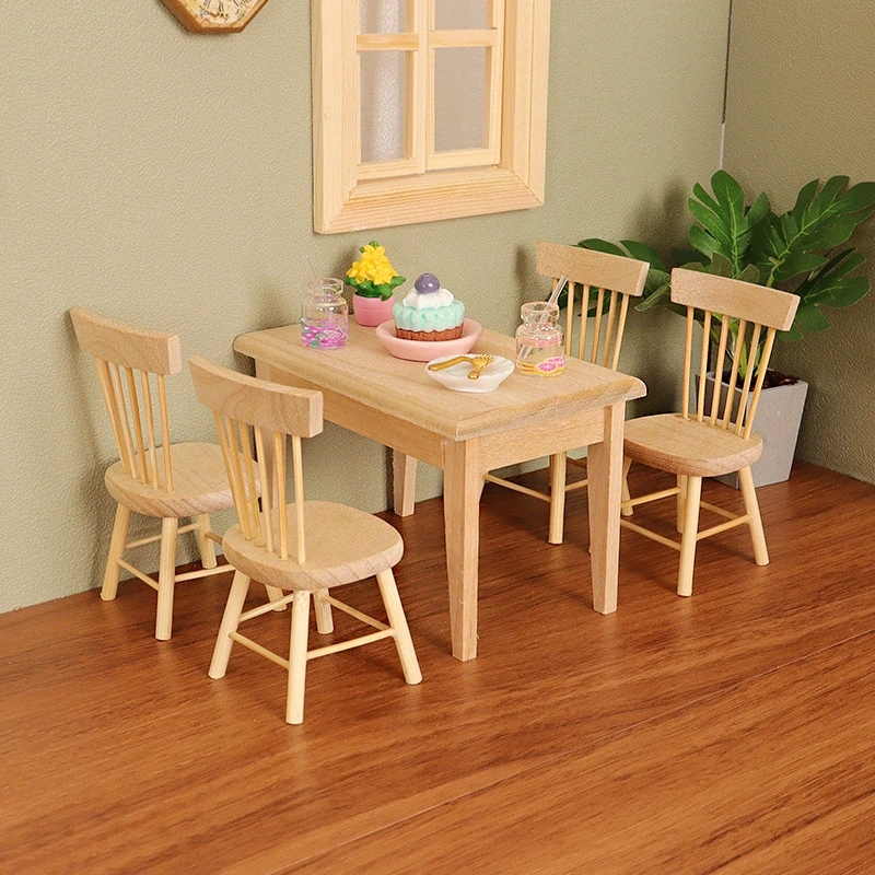 1Set Doll House Miniature Simple wooden Table With 4pcs Chairs Mini Dining Tables and Chairs Model Kitchen Home Scene Decor