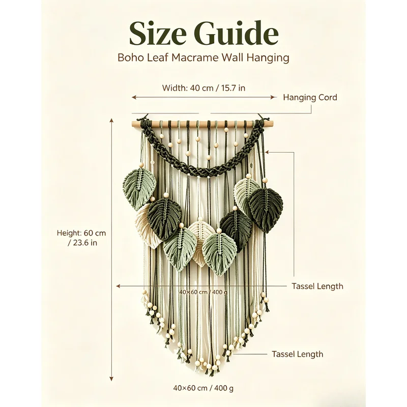 Handmade Macrame Leaf Wall Hanging Green Leaves Tassel Tapestry Boho Wooden Beads Wall Decor Bohemian Home Wall Art for Bedroom