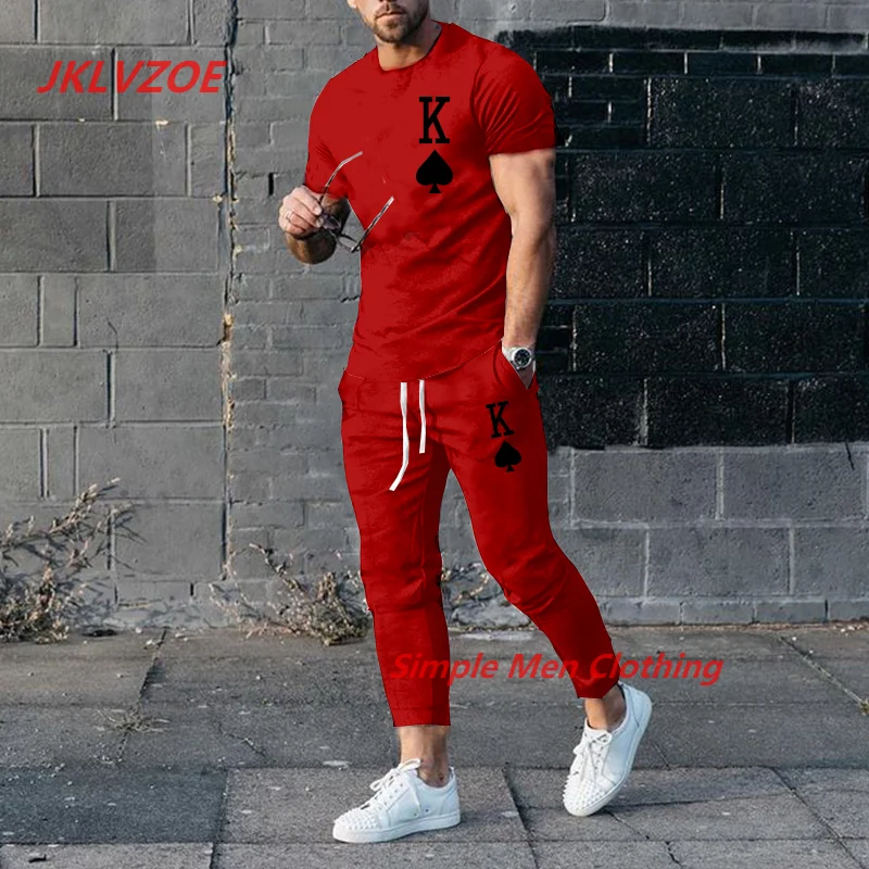 New Men's Trousers Tracksuit 2 Piece Set 3D Printed K Solid Color Short Sleeve T Shirt+Long Pants Street Clothes Male Clothing