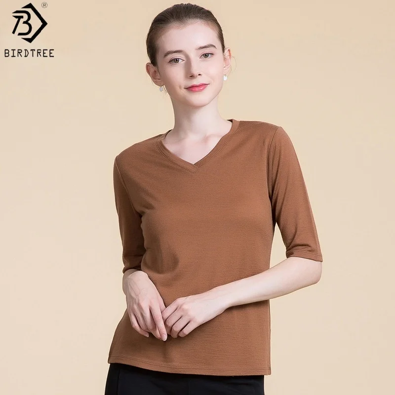 Birdtree, 100% Sheep Wool Tshirt, Short Sleeve Soft Pullover, Women's Solid V-neck Soft Basics Shirt, 2026 Autumn New T6O511JF
