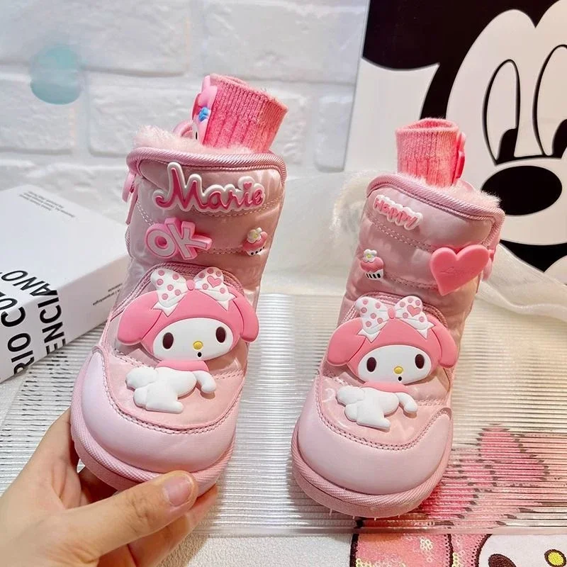 

Sanrio My Melody Pink Snow Boots Anime Children Girl Mid-calf Cotton Boots Winter Velvet Thickened Waterproof Non-slip Loafers