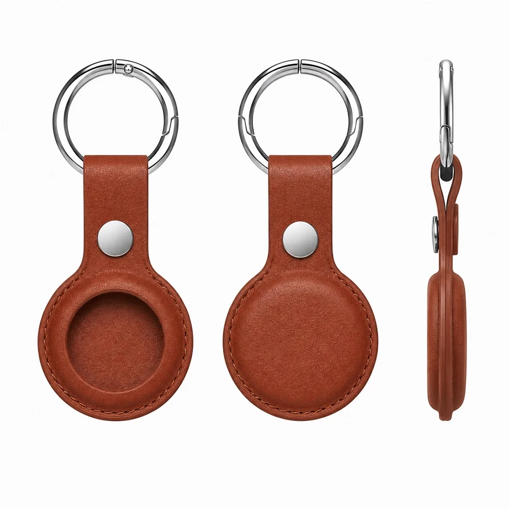 Leather Holder Keychain Protective Case with Metal Ring, Anti-Lost Tracker Cover for Dog Collar, Pet Tag, Backpack and Luggage