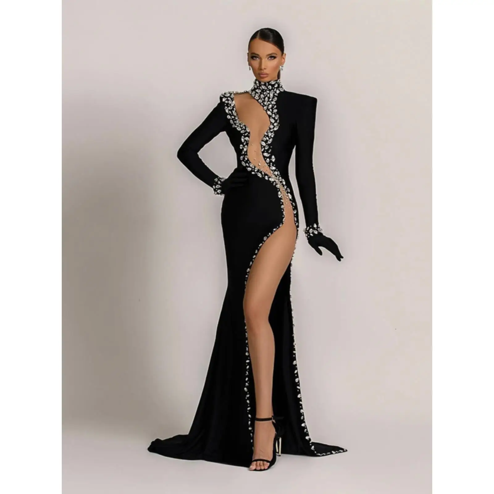 

Ele Long Sve Split Front Collar Diamond Embellied Fi Tail Wrap Evening Gown Par Ball Gown Luxury Cross-Border