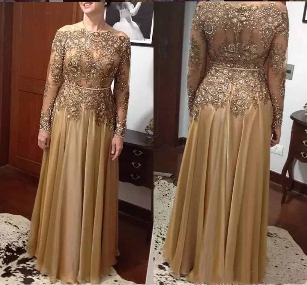 

2025 Mother Of The Bride Dress Gold Beaded Long Sleeves Floor Length Sequined Lace Appliqués Guest Evening Gowns robes de soirée