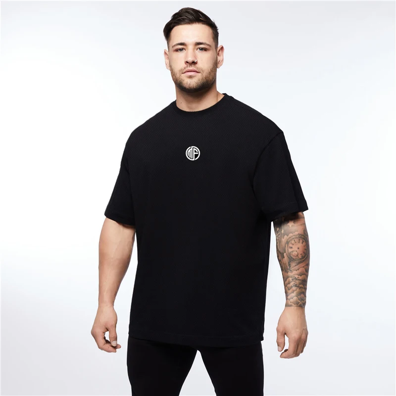 Running T-Shirts Mens Oversized Loose Drop Shoulders Gym Clothing Bodybuilding Fitness Hip-Hop T-shirt Quick Dry Mesh Sport Tee