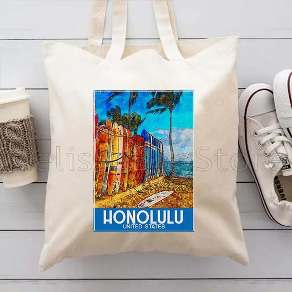 باريس دوسلدورف هامبورغ هونولولو كيو كيوتو حقيبة كتف قماش Harajuku موضة عادية حقائب كتف القطن حمل حقيبة المتسوق #5