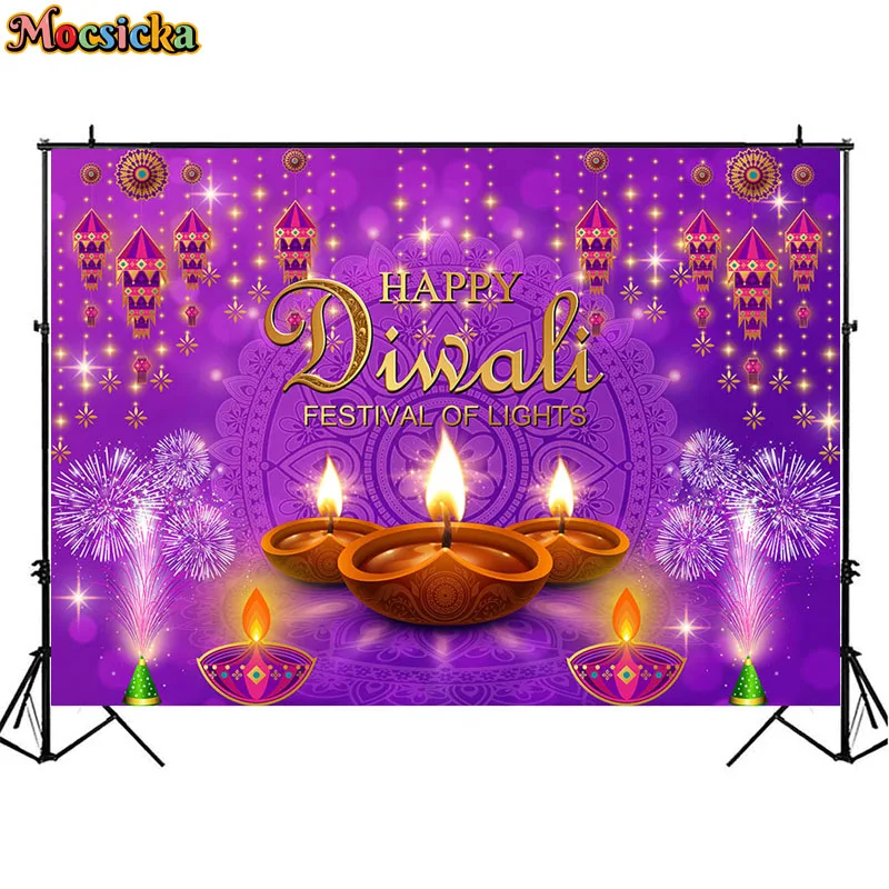 Purple Happy Diwali Photography Backdrops India Festival Party Deevali Floral Peacock Feather Background Supplies Photo Studio