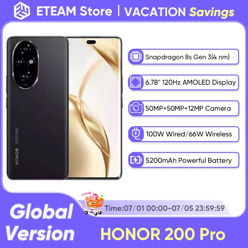 2024 Глобальная версия HONOR 200 Pro Snapdragon 8s Gen 3 5G Смартфон 6,78 дюйма 120 Гц AMOLED 5200 мАч Большая батарея 100 Вт SuperCharge