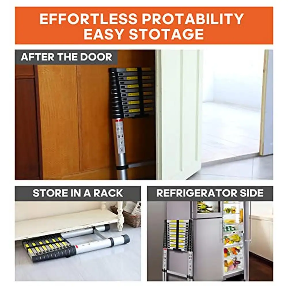12.5FT Aluminum Telescoping Ladder Folding Portable Multi-Purpose Indoor Outdoor Work Stable Locking Mechanism Rubber Feet