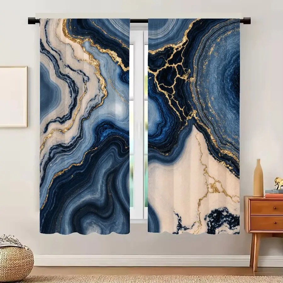 2Pcs Curtain Deep Blue Light Blue Golden Veins Window Drapes For Bedroom Living Room Decoration Window Treatment.