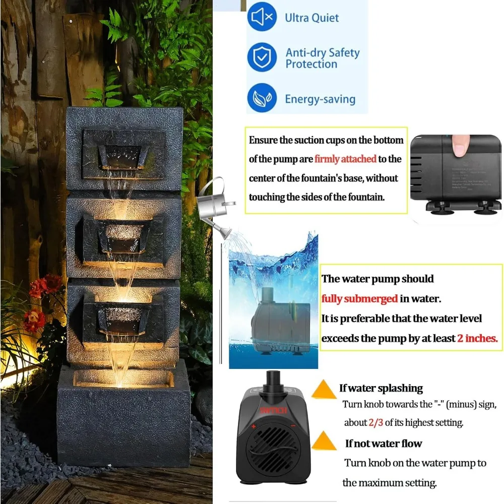 Fonte de água externa de 34,84 polegadas, luzes LED e bomba, fonte de água interna, cascata, fonte externa, casa e jardim