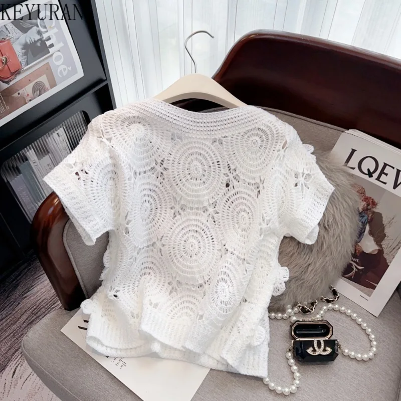 Summer Sweet Three-dimensional Flower Hollow Out Crochet Sweater Women\'s Vintage Chic O-Neck Short Sleeve Pullover Knitted Tops