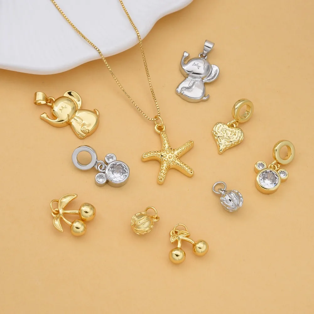 4 Pcs Copper Plated Vintage Pendant DIY Bracelet Necklace Jewelry Making Elephant Bear Heart Cherry Starfish Zircon Accessories