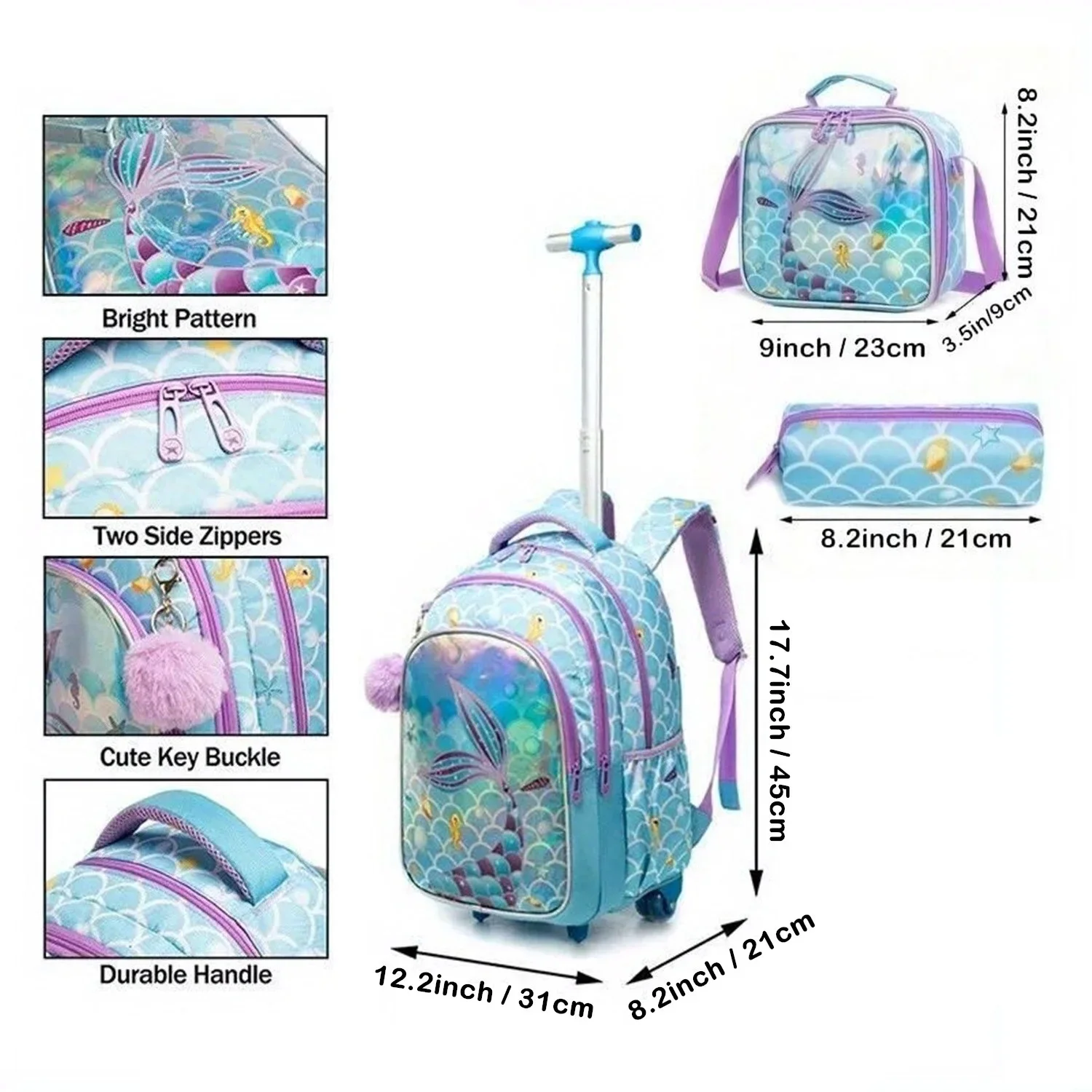 Children's Rolling Backpack Set Wheeled Schoolbag Kids Backpack with Insulated Lunch Bag and Pencil Case for Boys and Girls