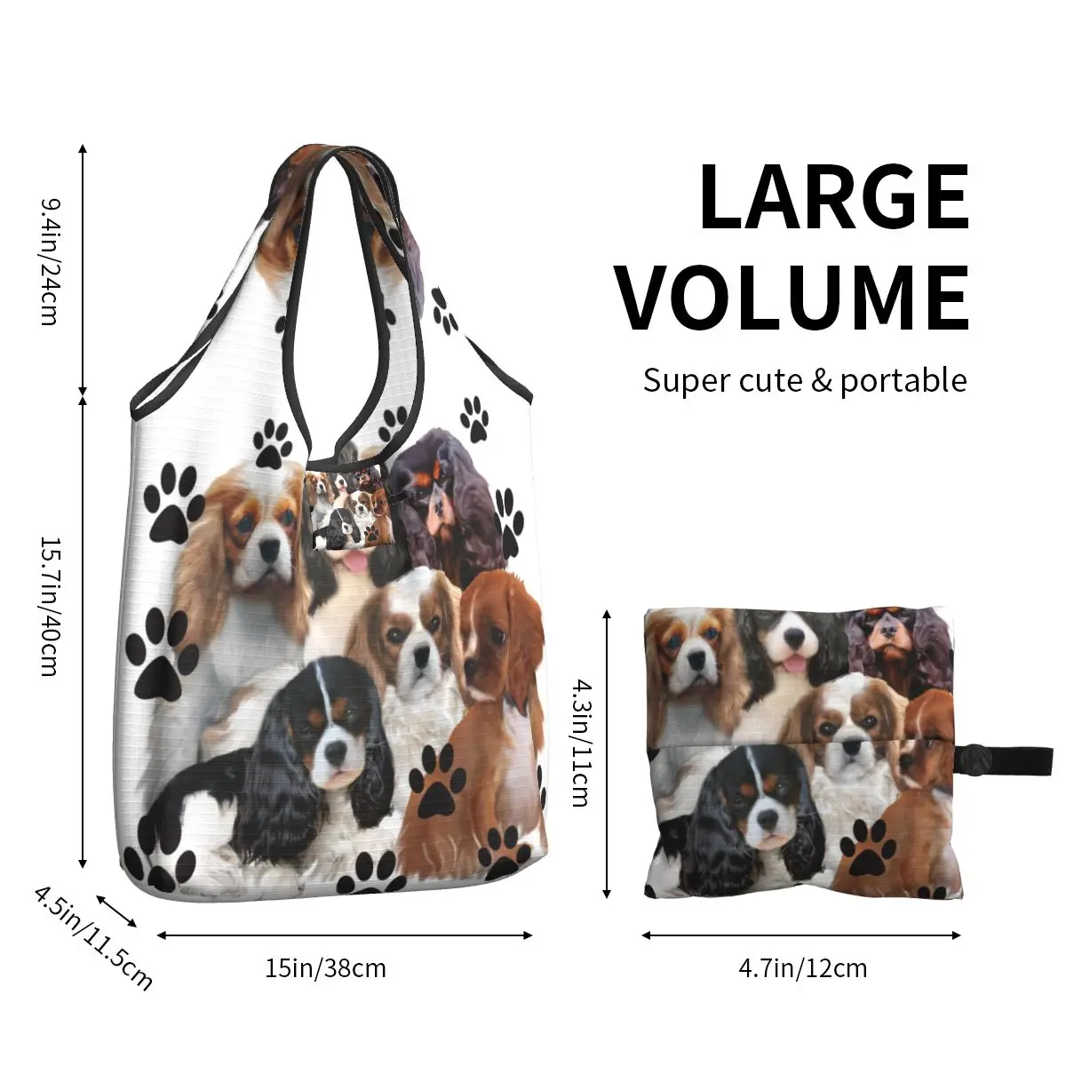 Cavalier King Charles Spaniel grupo familiar comestibles bolsa de compras Kawaii perro hombro Shopper bolsas de gran capacidad