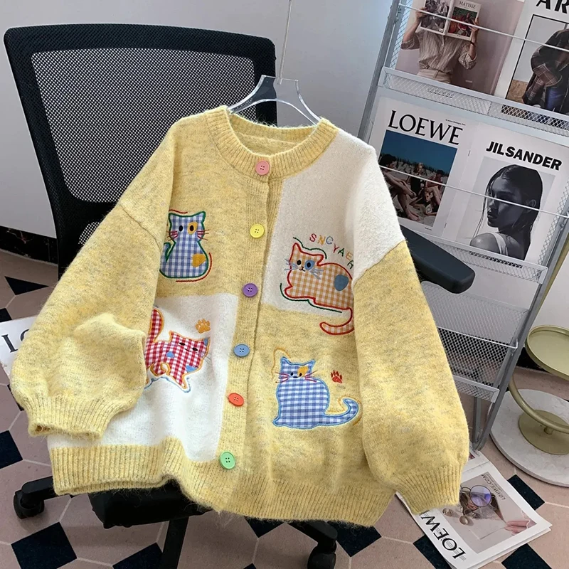 

Sweet Cartoon Embroidery Knit Cardigan Women Long Sleeve Chic Kawaii Sweater Preppy Loose Casual Cute Button Lazy Wind New Tops
