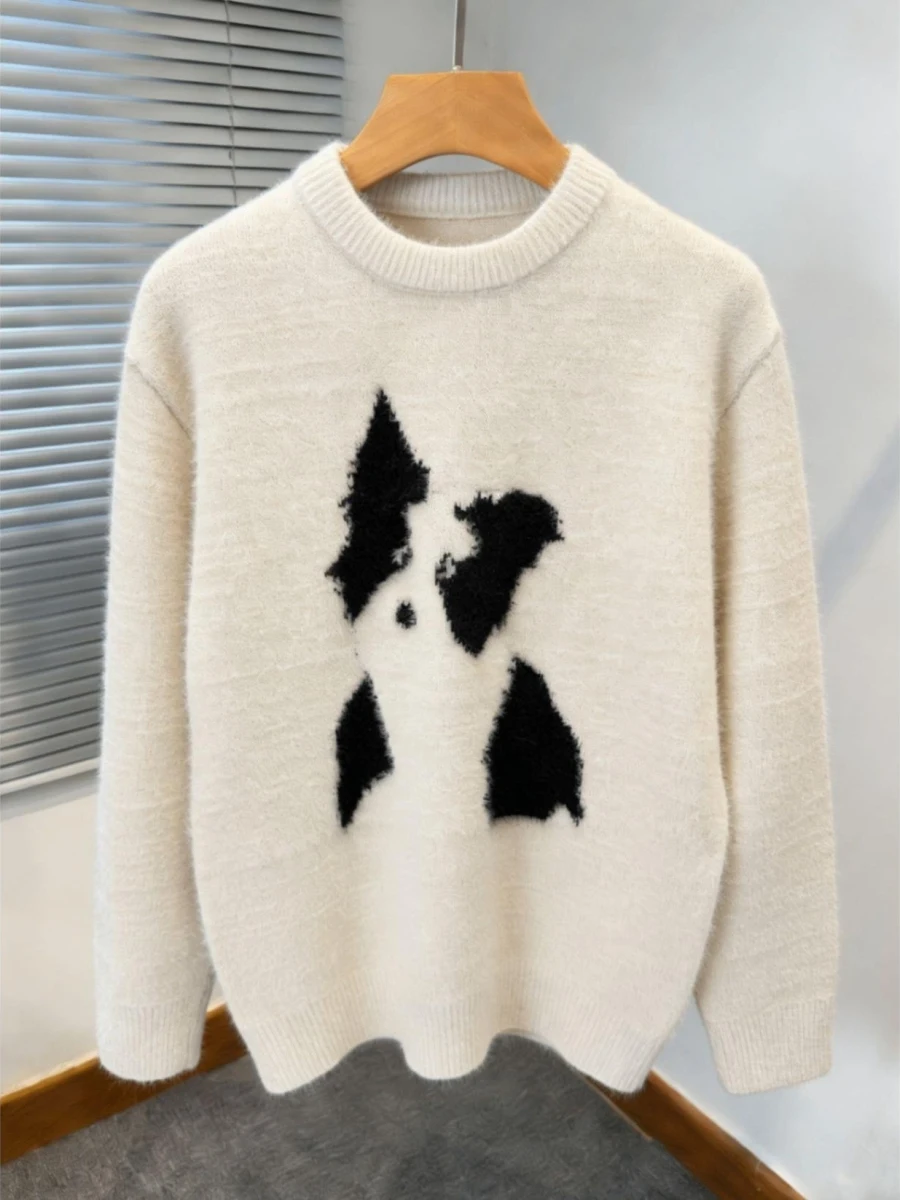 

Американский свитер с мультяшным принтом, длинный рукав, зимний тренд, круглый вырез, вязаная одежда для повседневной носки, для пар, как нижний слой