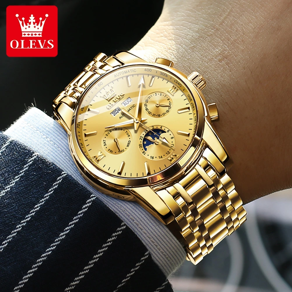 Mans Wrist Watch OLVES 6633 Multifunctional Automatic Mechanical Watches For man Stainless Steel Strap Gold Date Week Waterproof