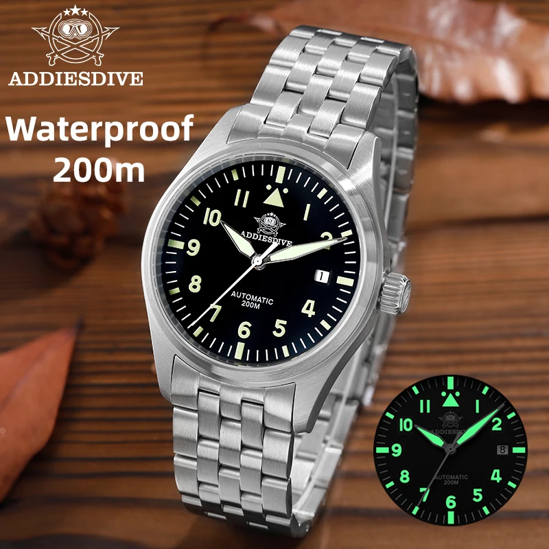 

ADDIESDIVE Classic Men's watch Sapphire Automatic 8215 Stainless Steel Pilot watch Leather Luminous 200m Diving Dress Watch New
