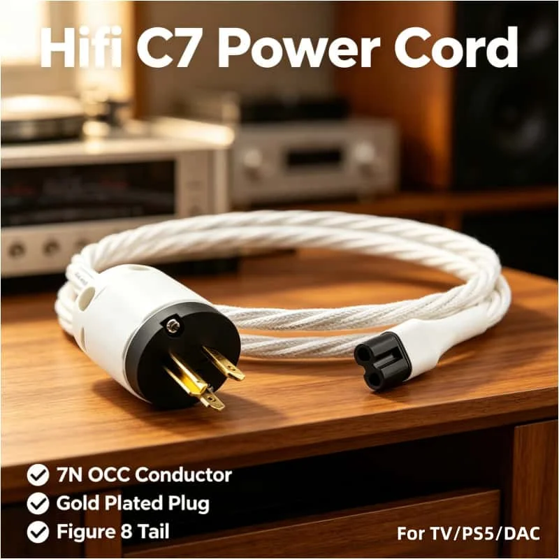 7N OCC Hifi Power Cord Gold Plated C7 Figure 8 Cable for TV PS5 Apple TV DAC Streamer Audiocrast