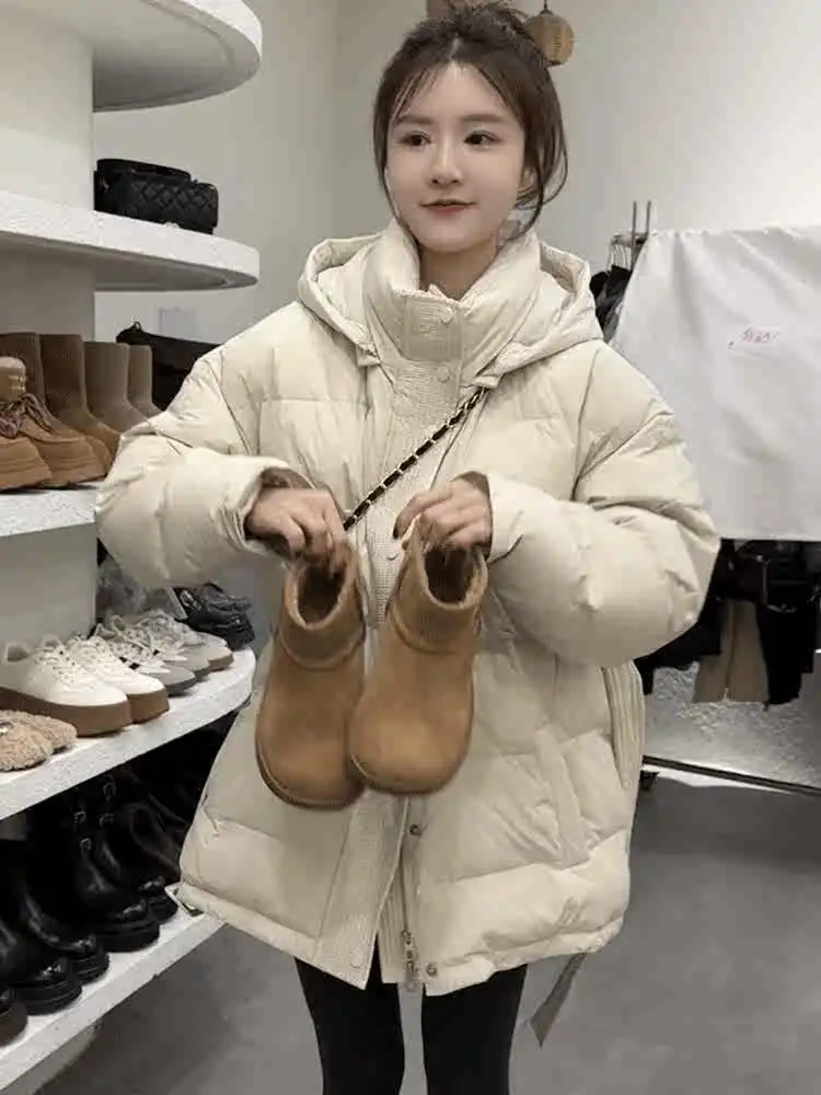 

Women's Thickened White Duck down Short Coat Winter New Style Loose Slimming Warm Casual Outerwear Trendy Hooded Waist-Cinching