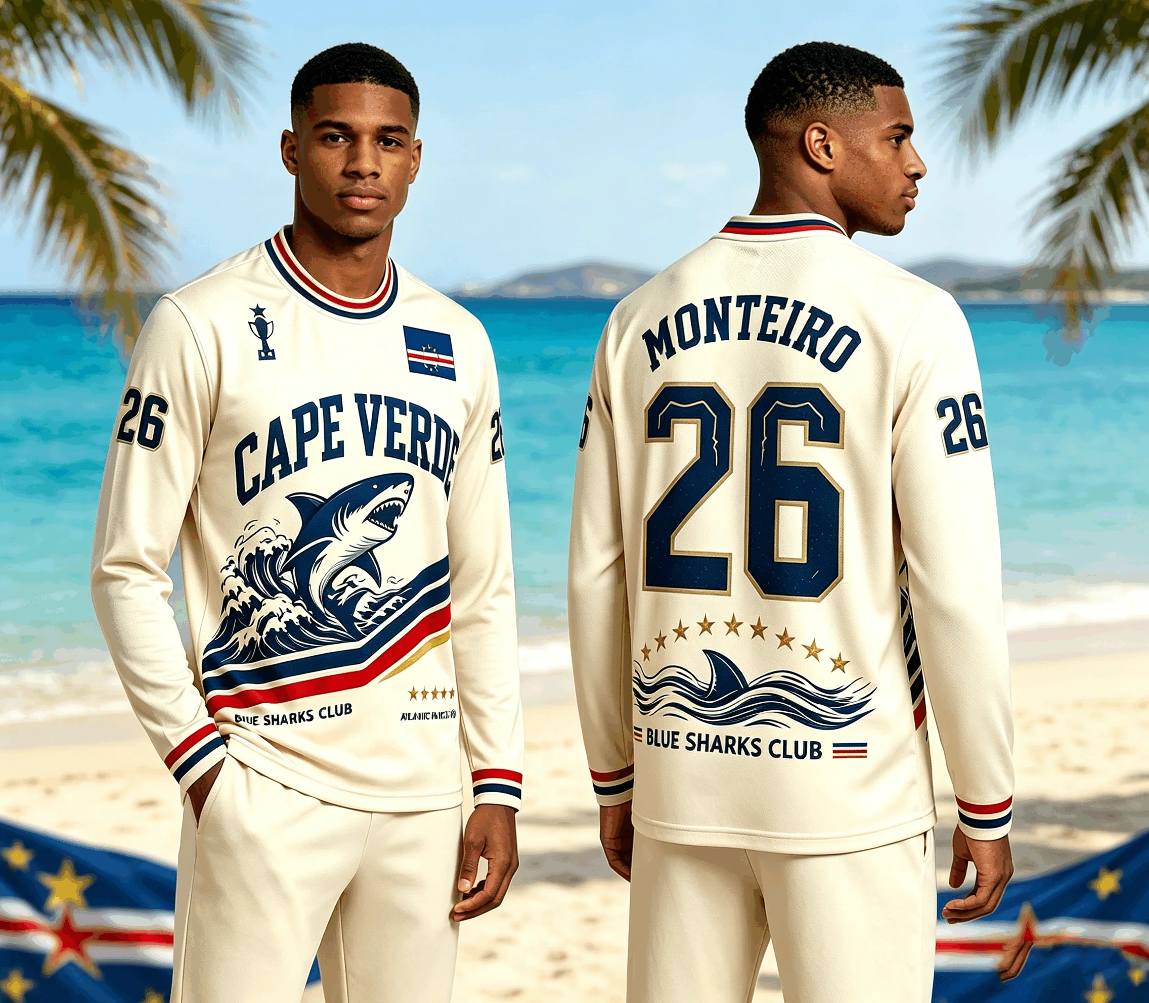 Men Long Sleeve Cape Verde Blue Sharks Soccer Shirt, Vintage Shark Wave Flag Print Athletic Fan Jersey For Atlantic Game Day