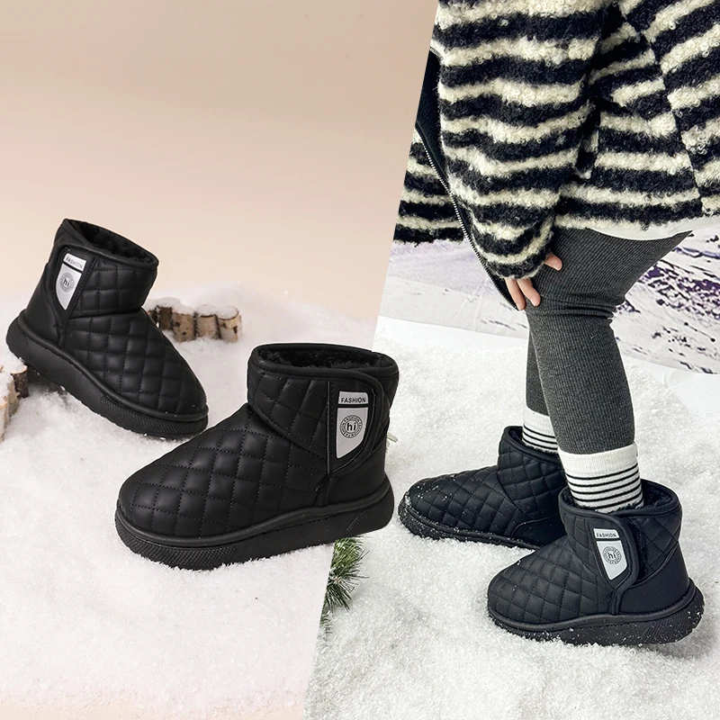 

2025 New Children Snow Boots Girls Soft Leather Ankle Boots Winter Kids Fur Shoes Warm Velvet Boys Short Boots Детские Сапоги