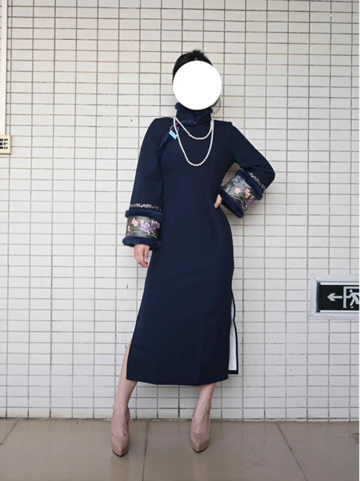 

Retro Thiened Fce Long Qipao Dr with Large Sves Traditional Chinese Hanfu Sle Mid-Length Skirt for Women