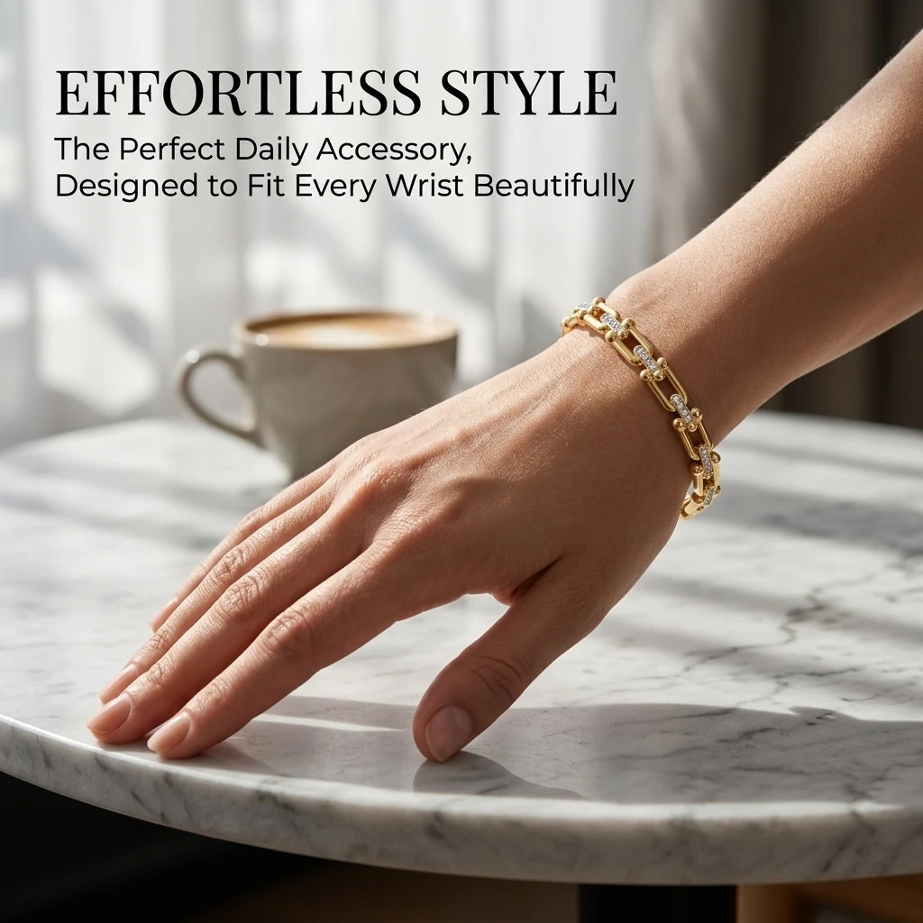 French Style Chain Link Bangle, Gold Tone with Sparkling Zircon Fashionable High-Polished Bracelet for Office Wear Lady bracelet