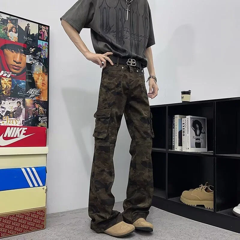 Slim Fit Cargo Pants Men's Summer 2025 Retro American Camouflage Multi-Pocket Straight Leg Bell Bottoms Workwear Jeans