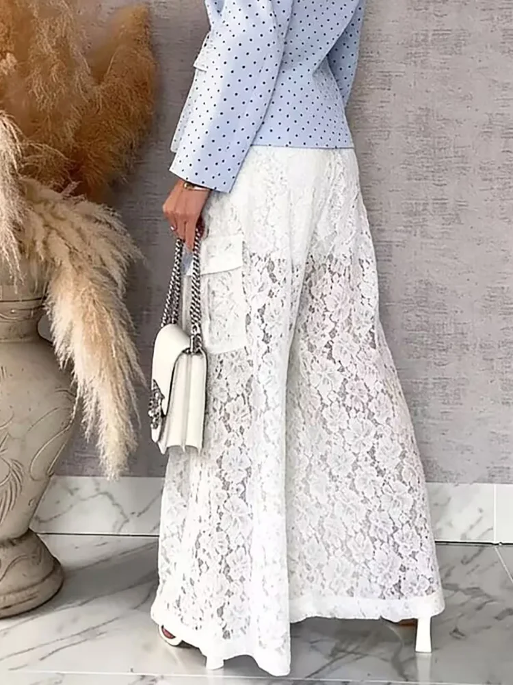 Women's Hollow out Lace Patchwork Trousers Spring Summer Elastic Waist Lace-Up Wide Leg Pants Chic Solid Fashion Streetwear 2026